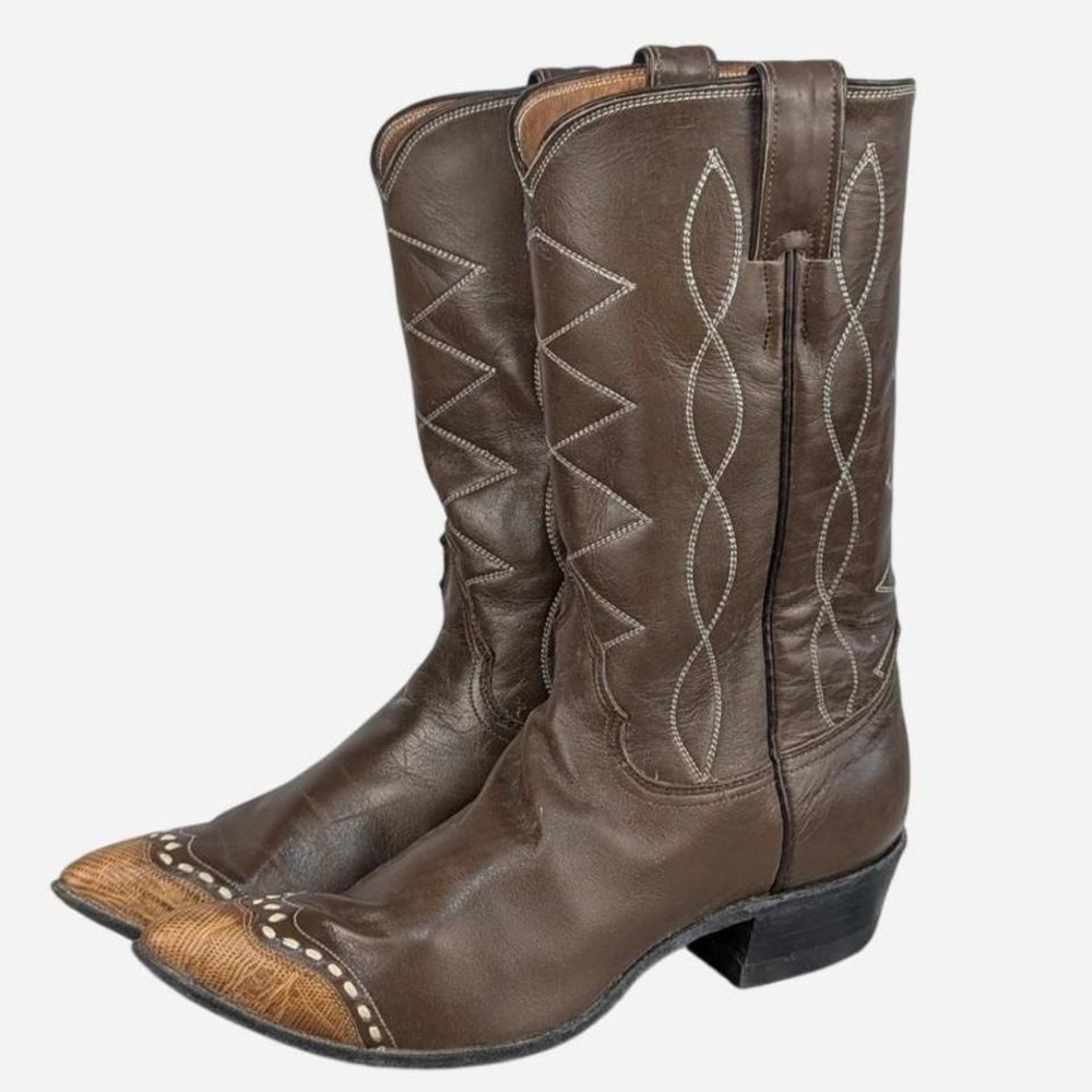 Vintage Justin Boots L4050 Brown Leather Lizard Toe Western Boots Size 8 - Picture 2 of 9